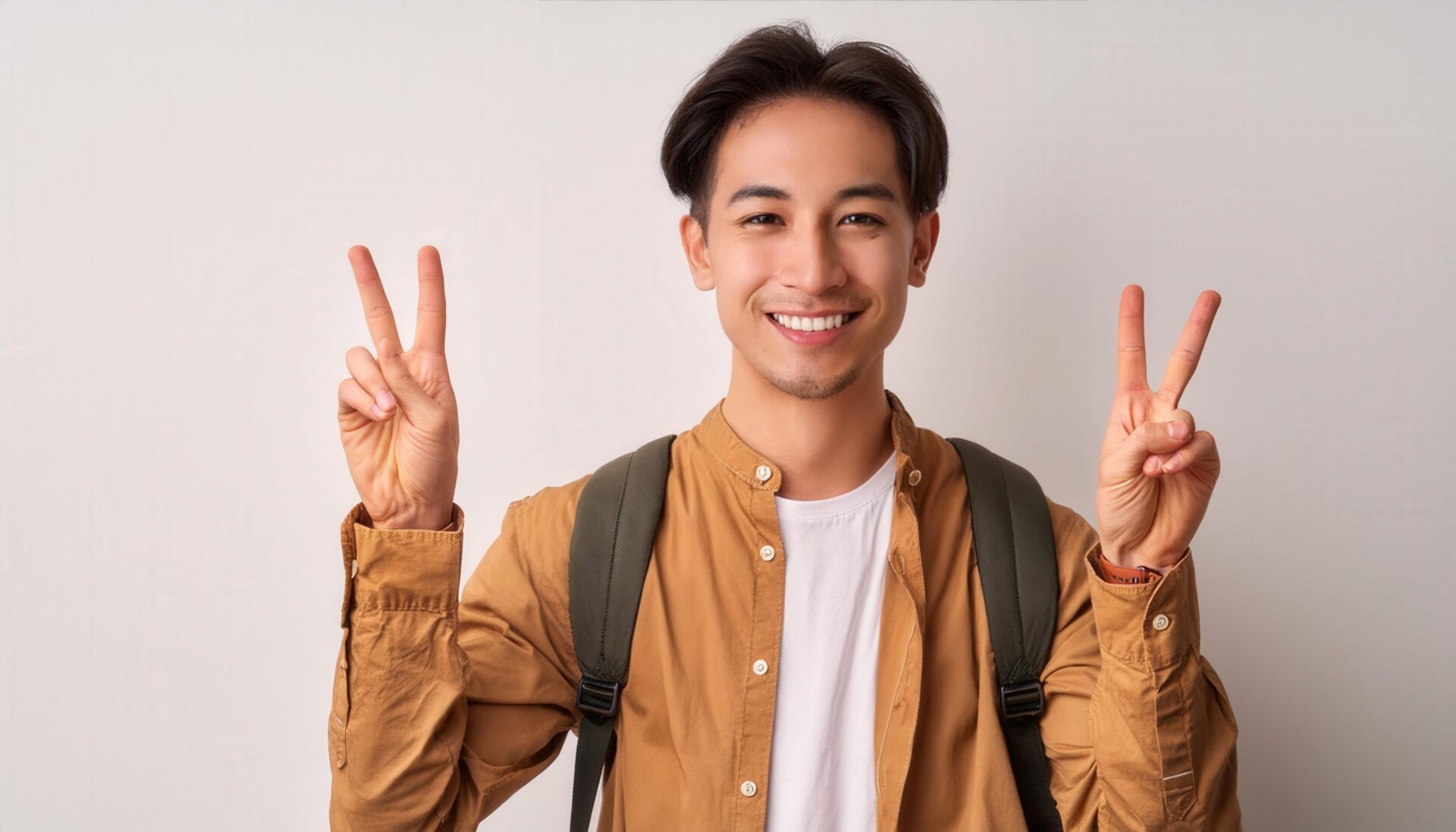 白背景でリュックを背負い両手ピースサインをする若い男性