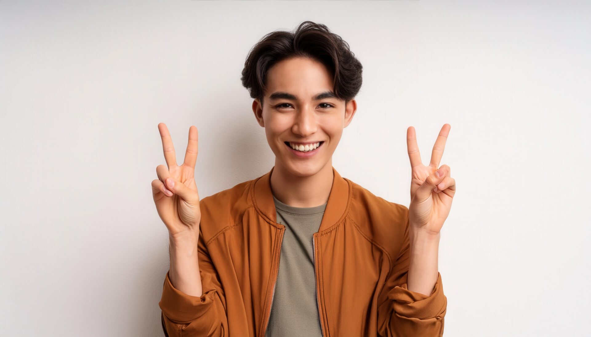 白背景でジャケットを着て両手ピースサインをする若い男性