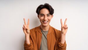 白背景でジャケットを着て両手ピースサインをする若い男性