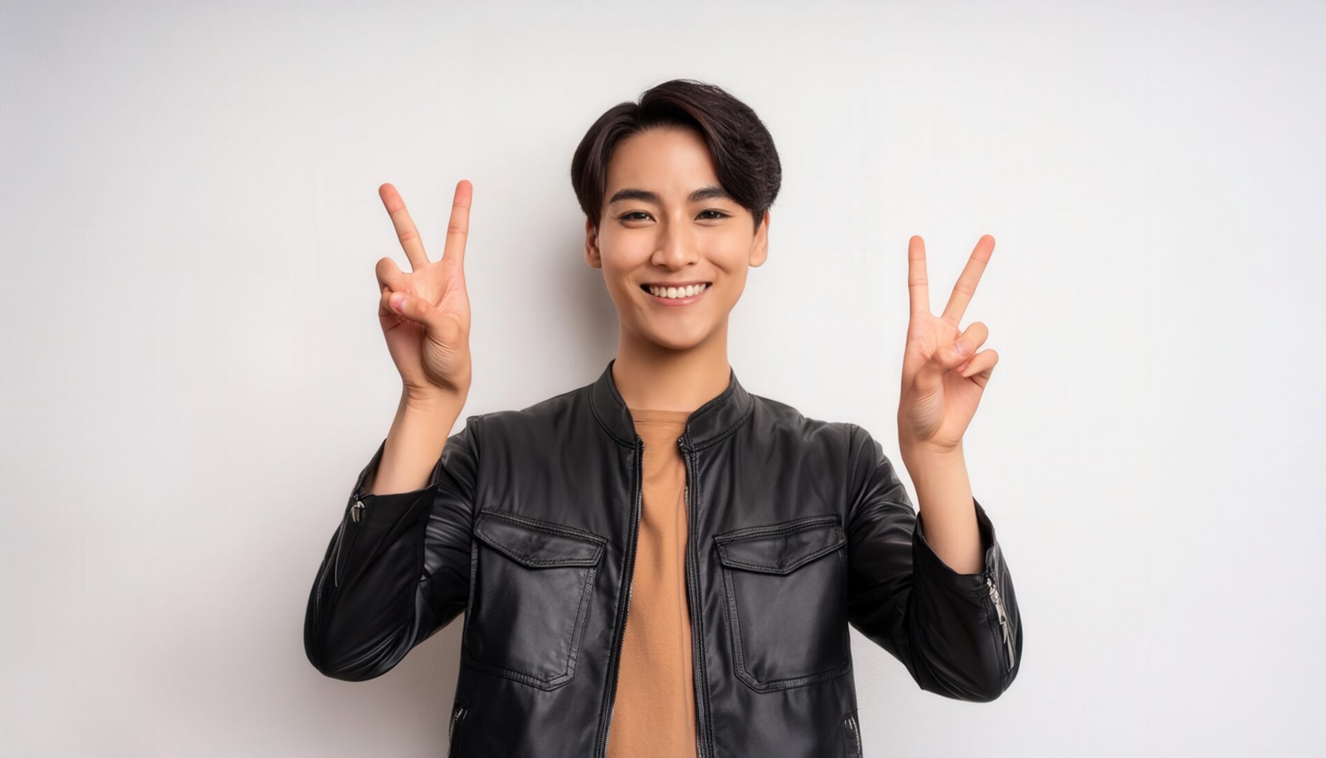 白背景で革ジャケットを着て両手ピースサインをする若い男性