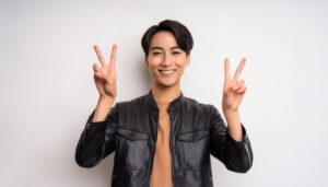 白背景で革ジャケットを着て両手ピースサインをする若い男性