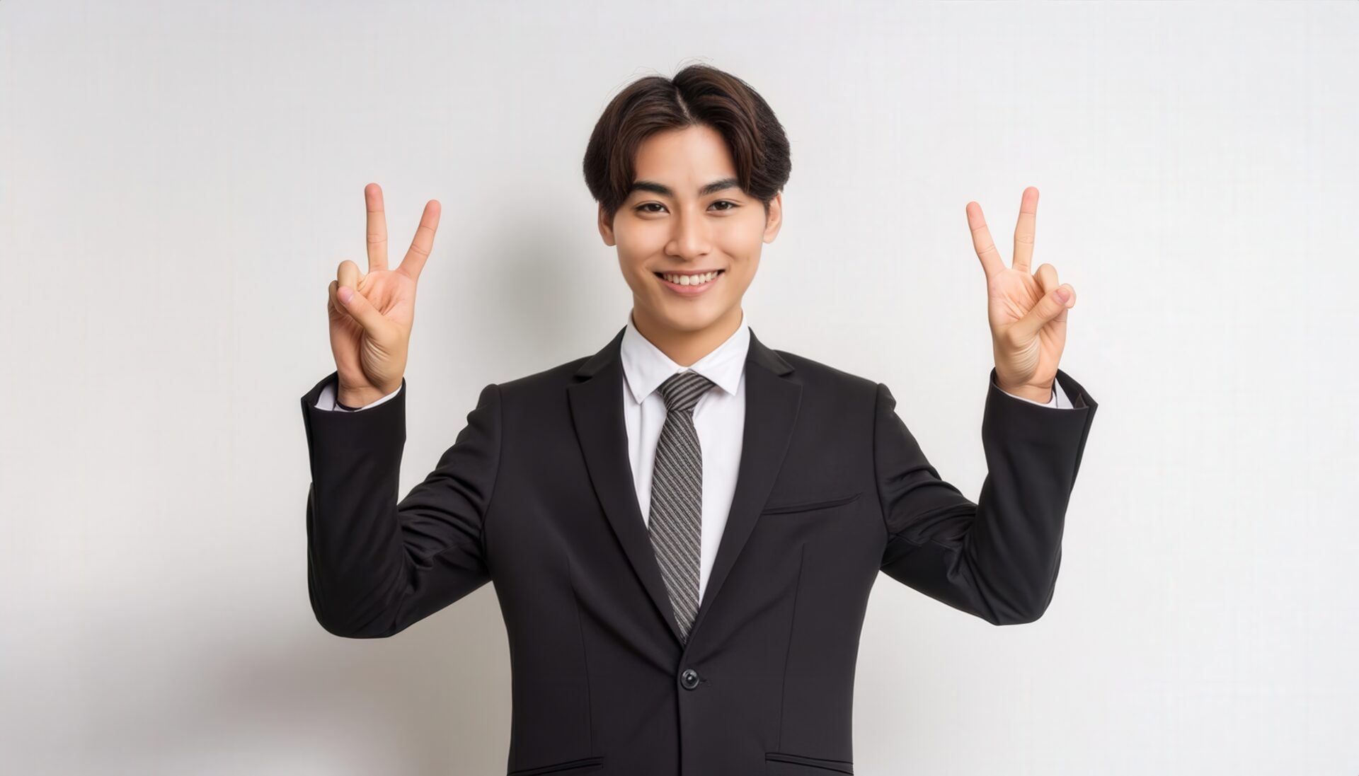 白背景でスーツ姿の若い男性が両手ピースサインをしている