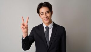 グレー背景でスーツ姿の若い男性がピースサインをしている