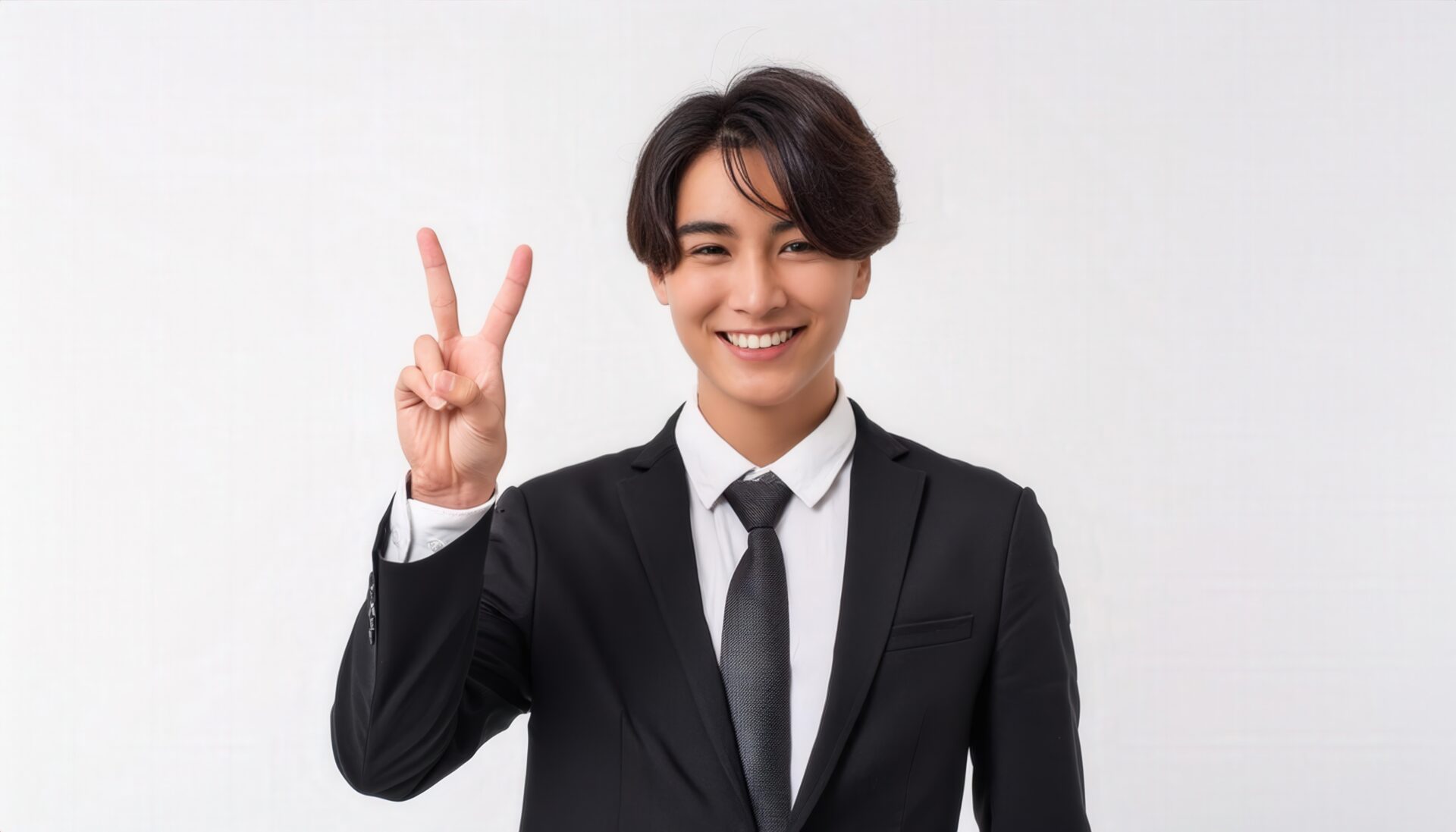 白背景でスーツ姿の若い男性がピースサインをしている