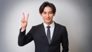 シンプルな背景でスーツ姿の若い男性がピースサインをしている