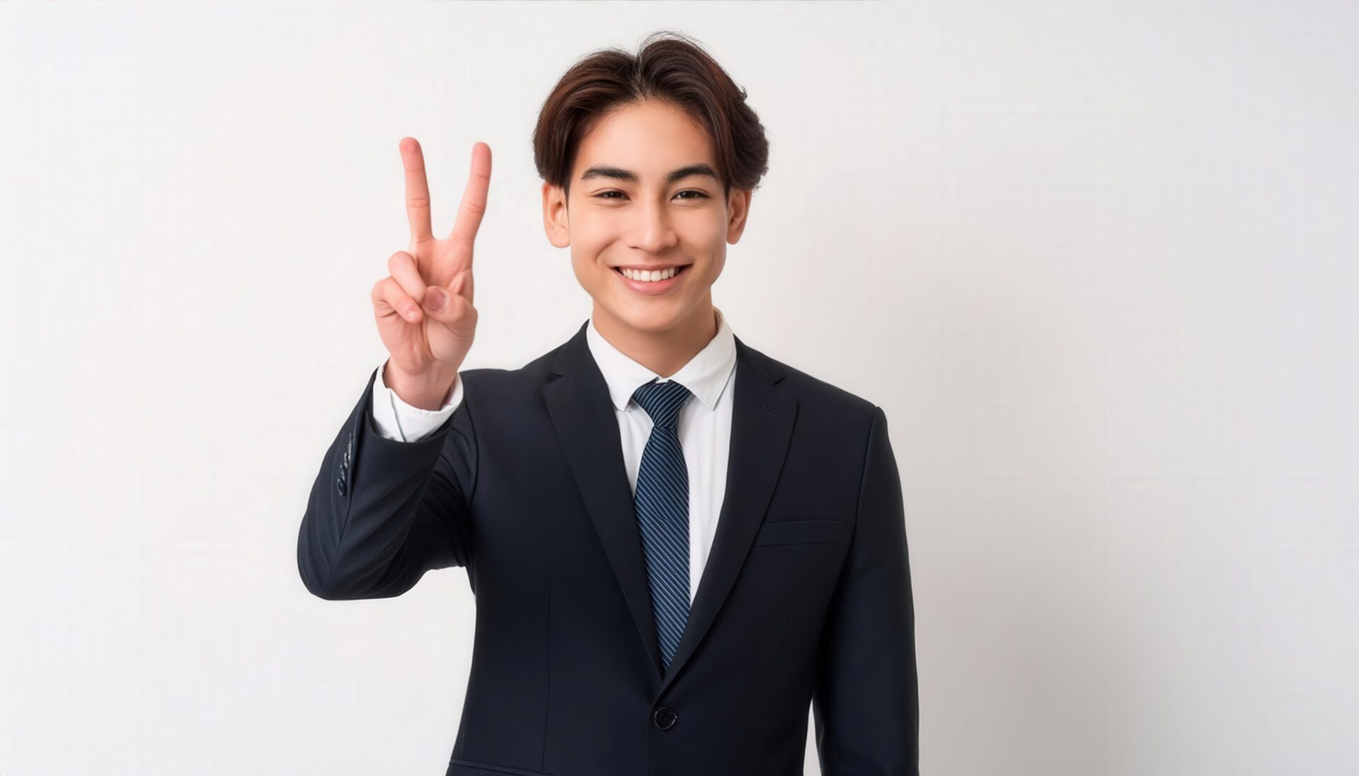 白背景でスーツ姿の若い男性がピースサインをしている（上半身）