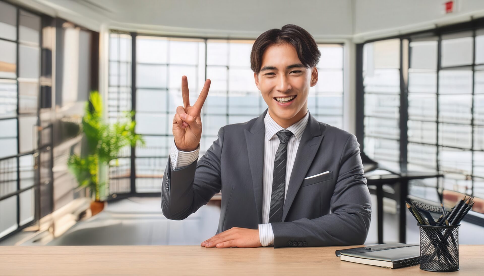オフィスでスーツを着た人がピースサインをしている