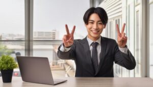 オフィスでスーツを着た人が両手ピースサインをしている