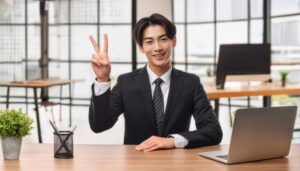 オフィスでスーツを着た人がピースサインをしている（別アングル）