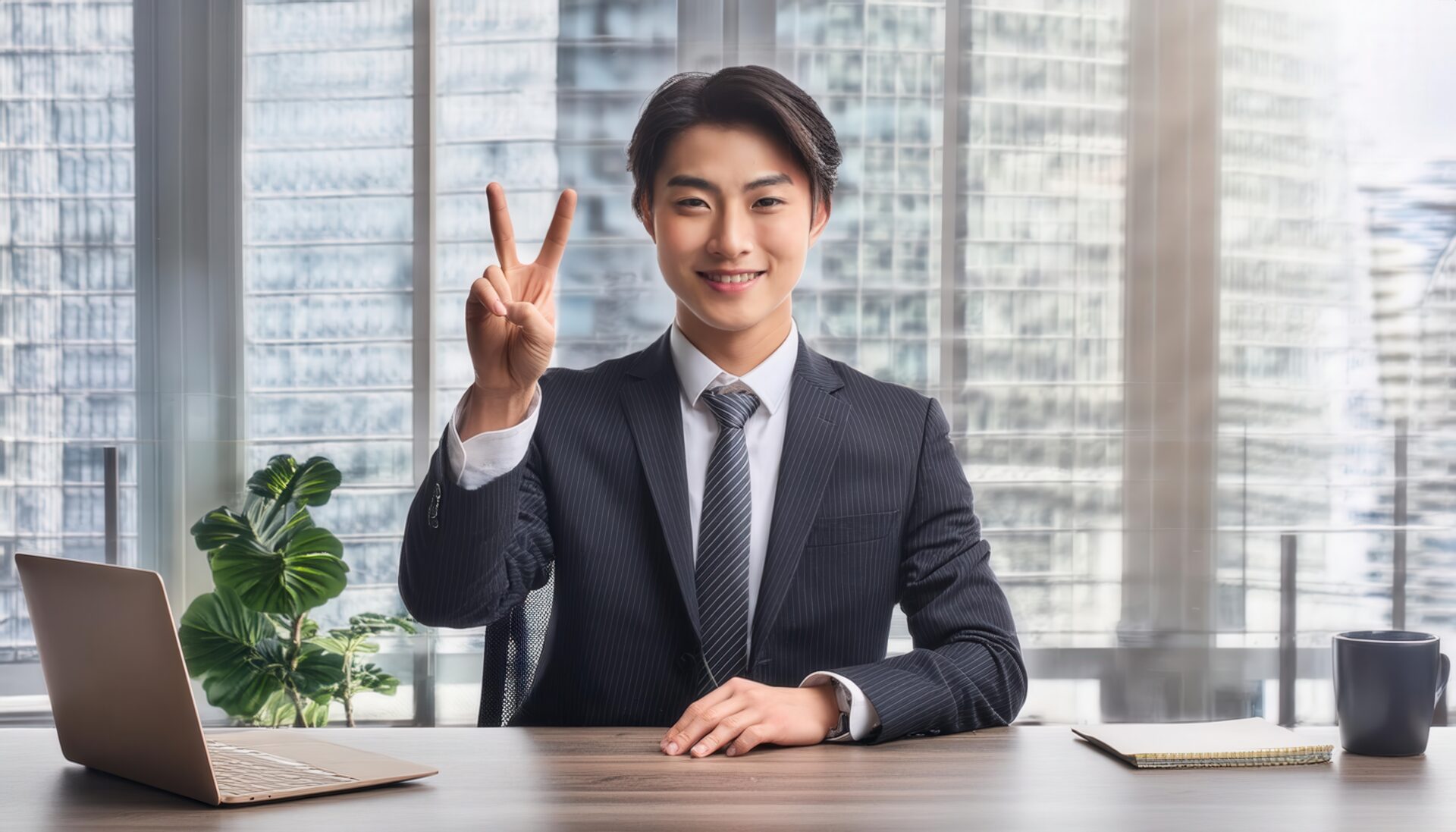 高層ビルを背景にスーツ姿でピースサインをする人