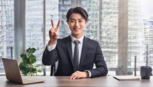 高層ビルを背景にスーツ姿でピースサインをする人