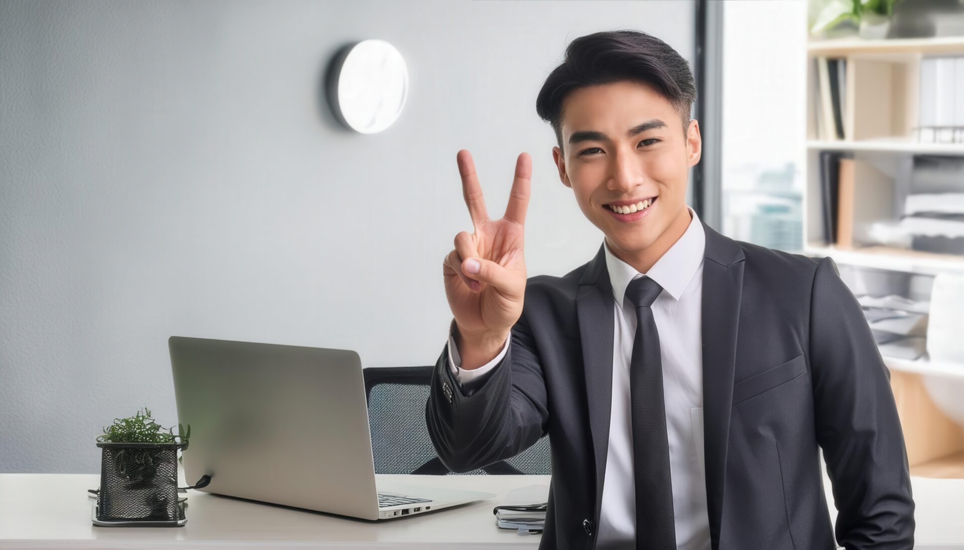 オフィスでスーツ姿の人がピースサインをしている（クローズアップ）
