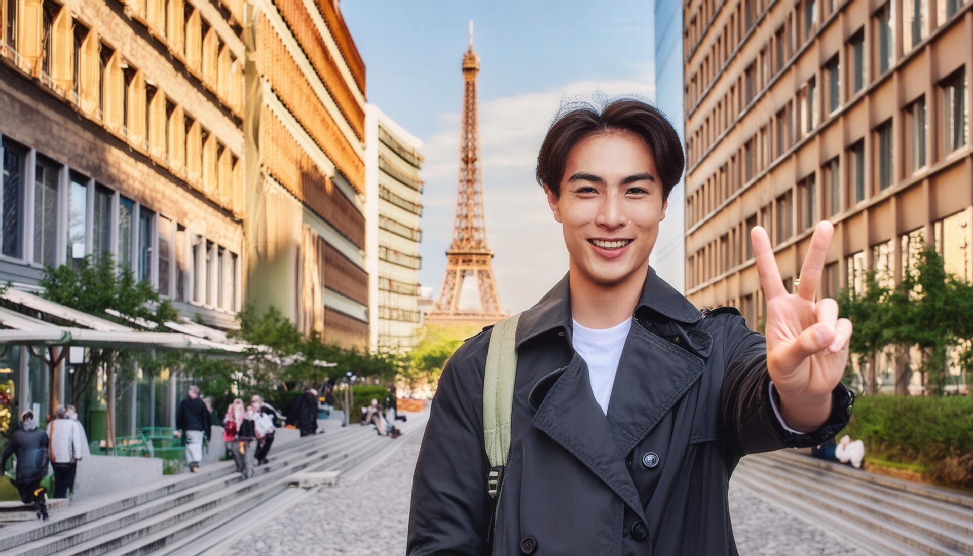 エッフェル塔を背景にピースサインをする人