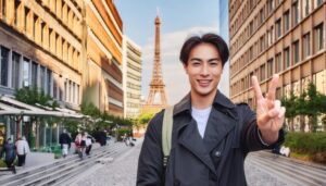 エッフェル塔を背景にピースサインをする人