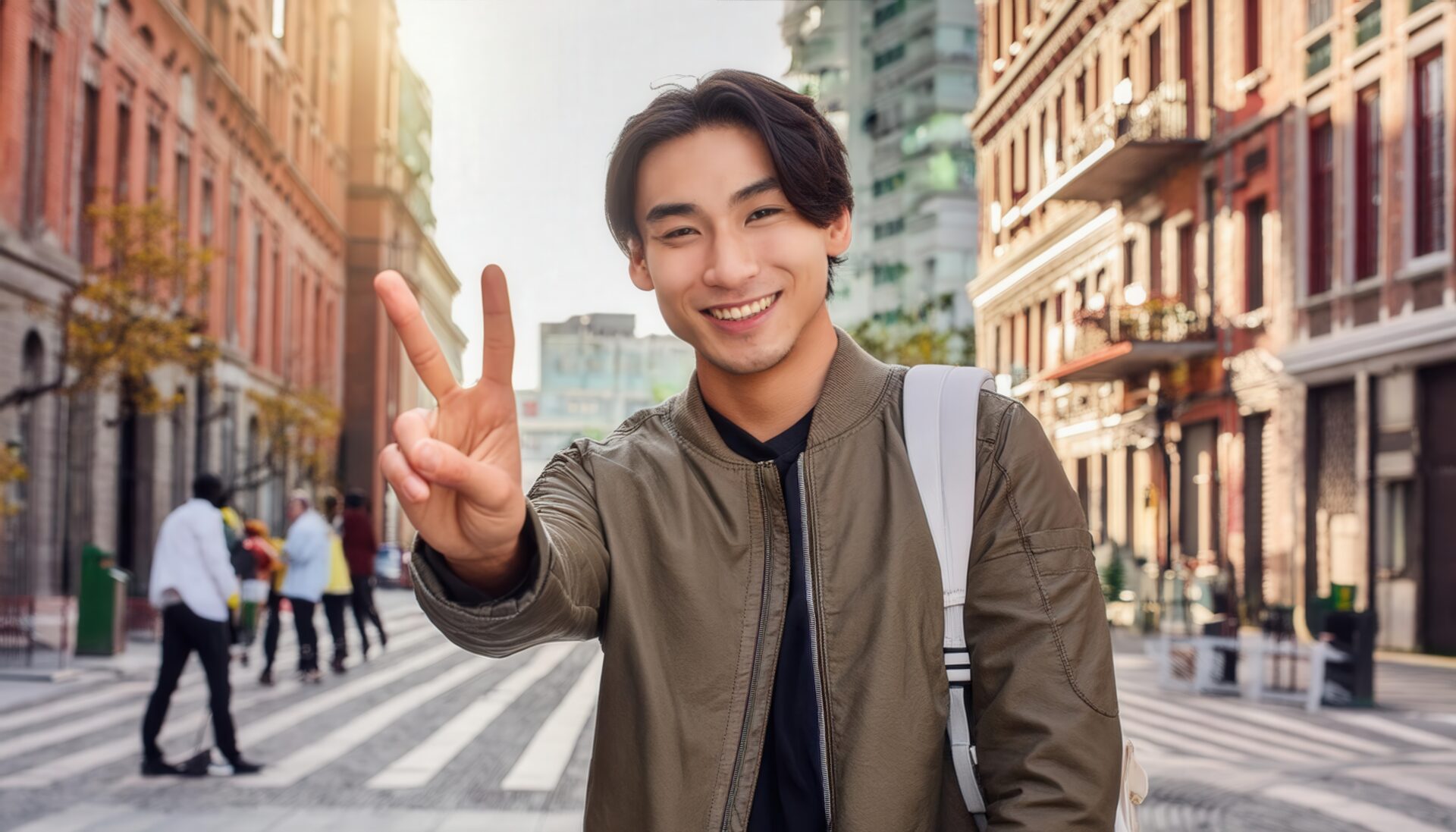 海外の街並みでピースサインをする人