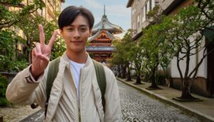 日本の寺院前でピースサインをする人