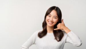 白背景で電話ジェスチャーをする人（別アングル）