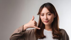 グレー背景で電話ジェスチャーをする人