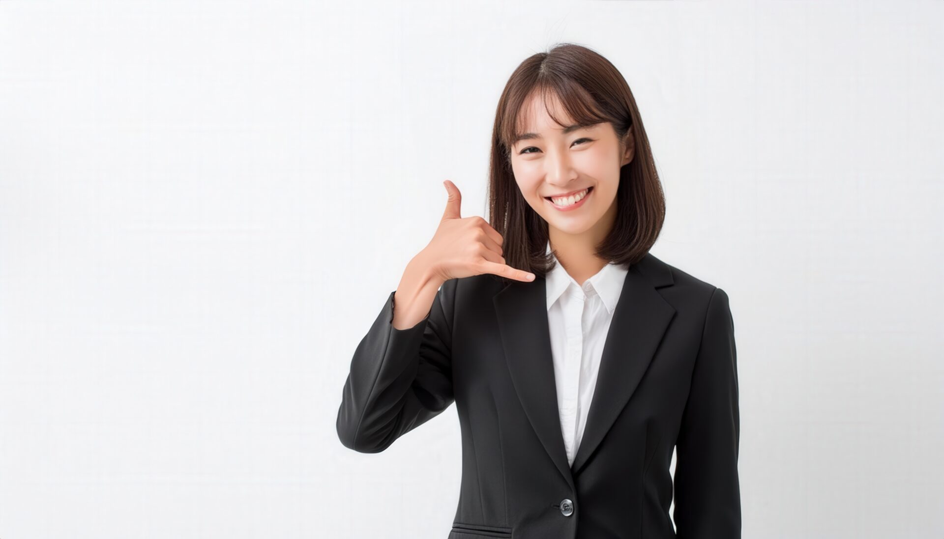 白背景でスーツを着た人が電話ジェスチャーをしている