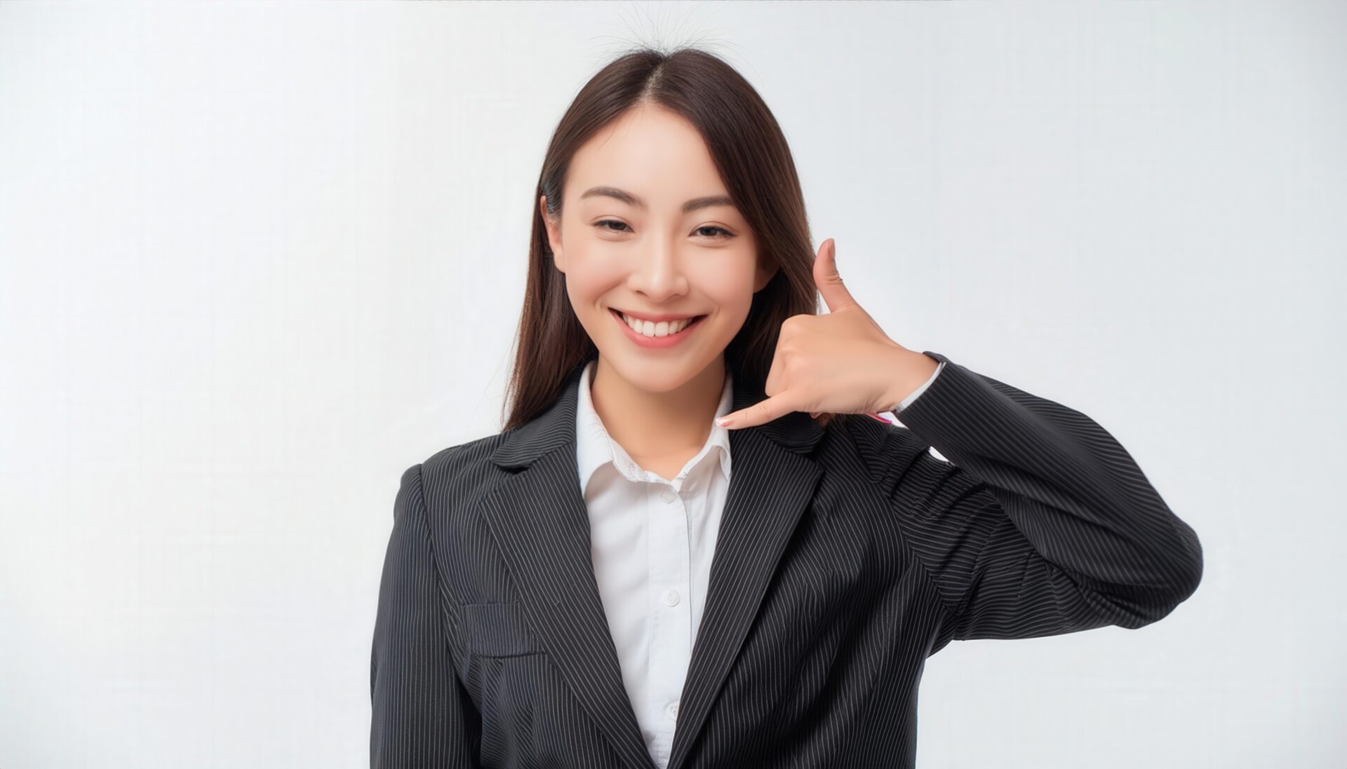 白背景でスーツを着た人が電話ジェスチャーをしている（別カット）