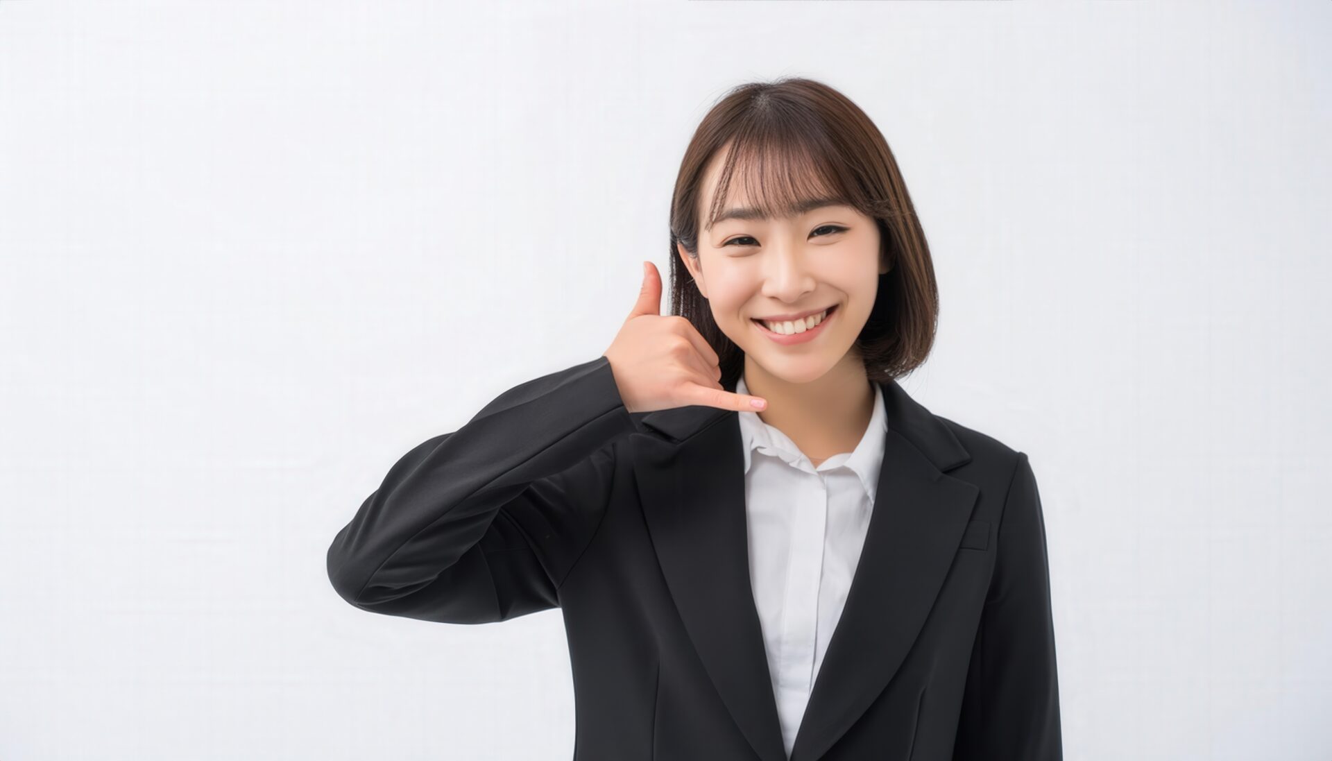 白背景でスーツを着た人が電話ジェスチャーをしている（別アングル）