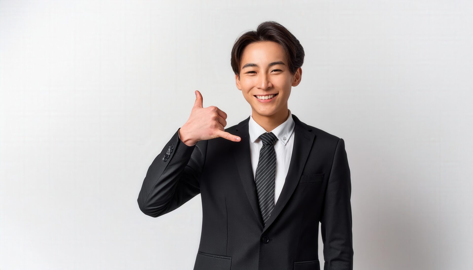 白背景でスーツ姿で電話のハンドサインをする人