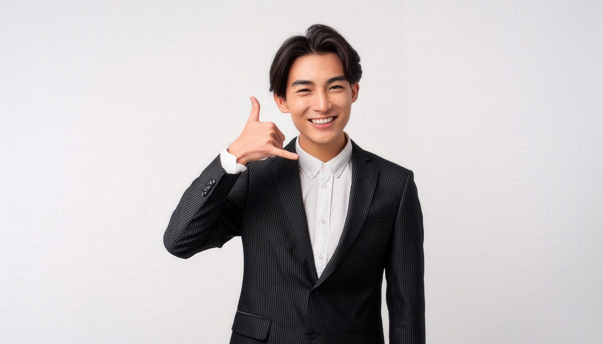 白背景でスーツを着て電話ポーズをする人