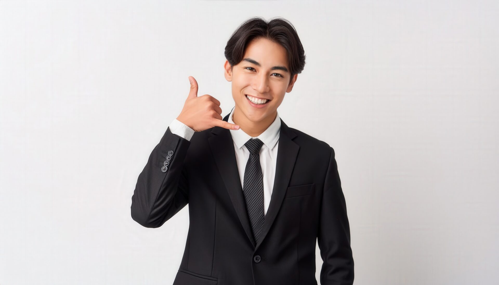 白背景でビジネススーツで電話ジェスチャーをする人