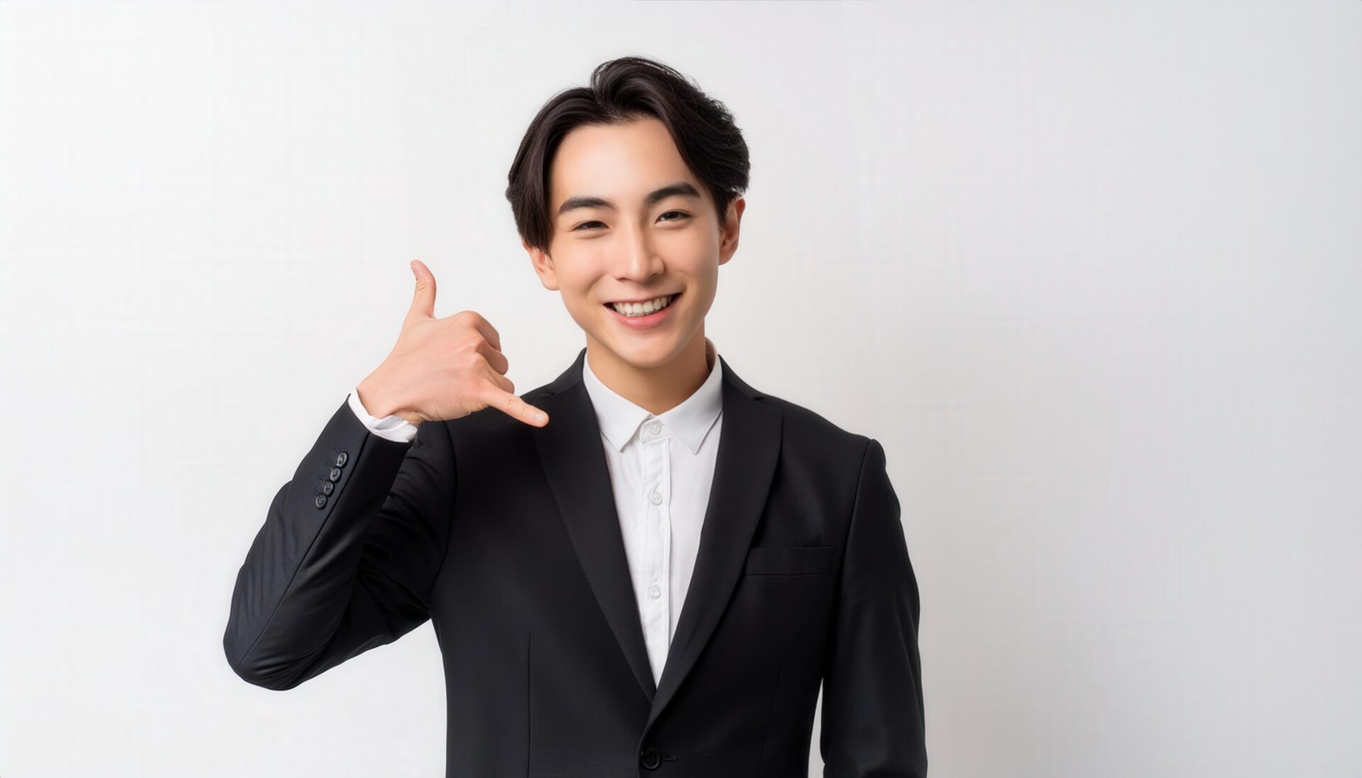 白背景で電話サインを示すスーツの人物