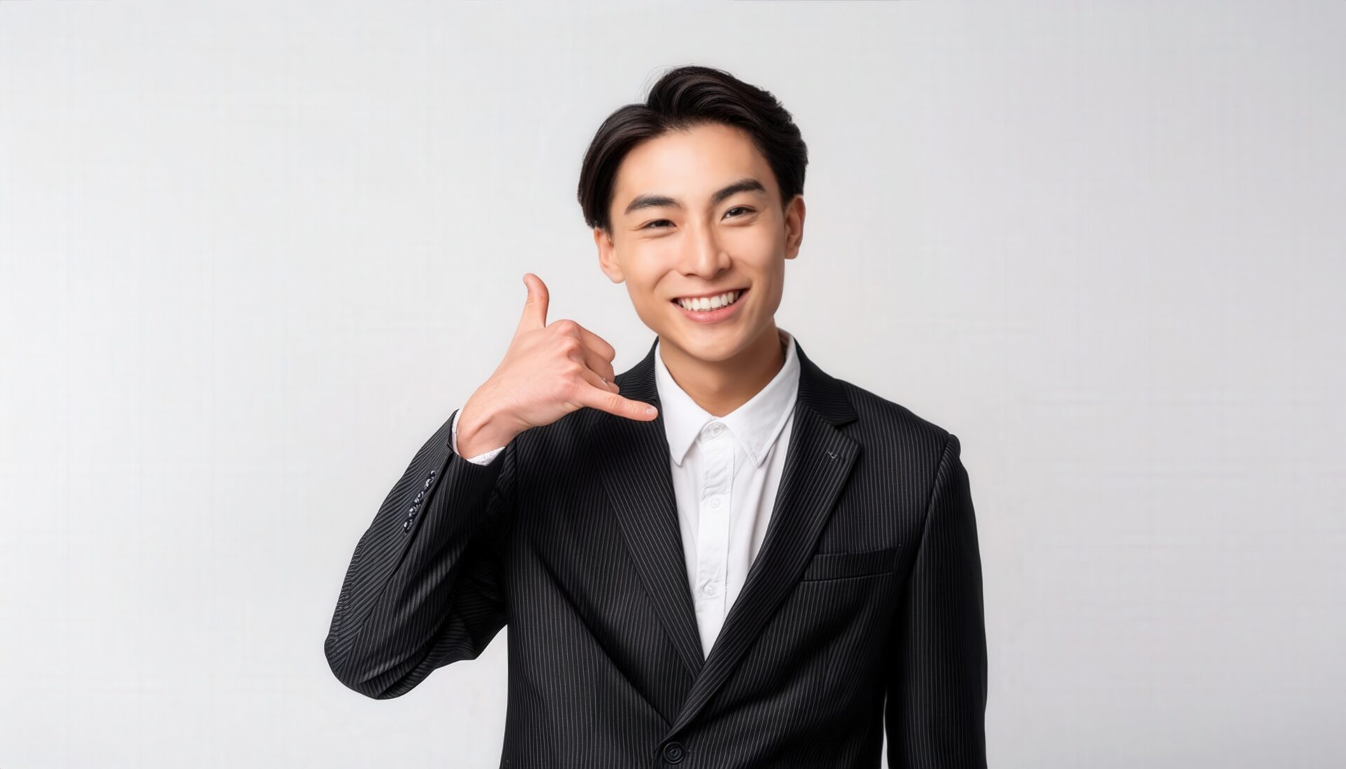 白背景でコールサインをするビジネスパーソン