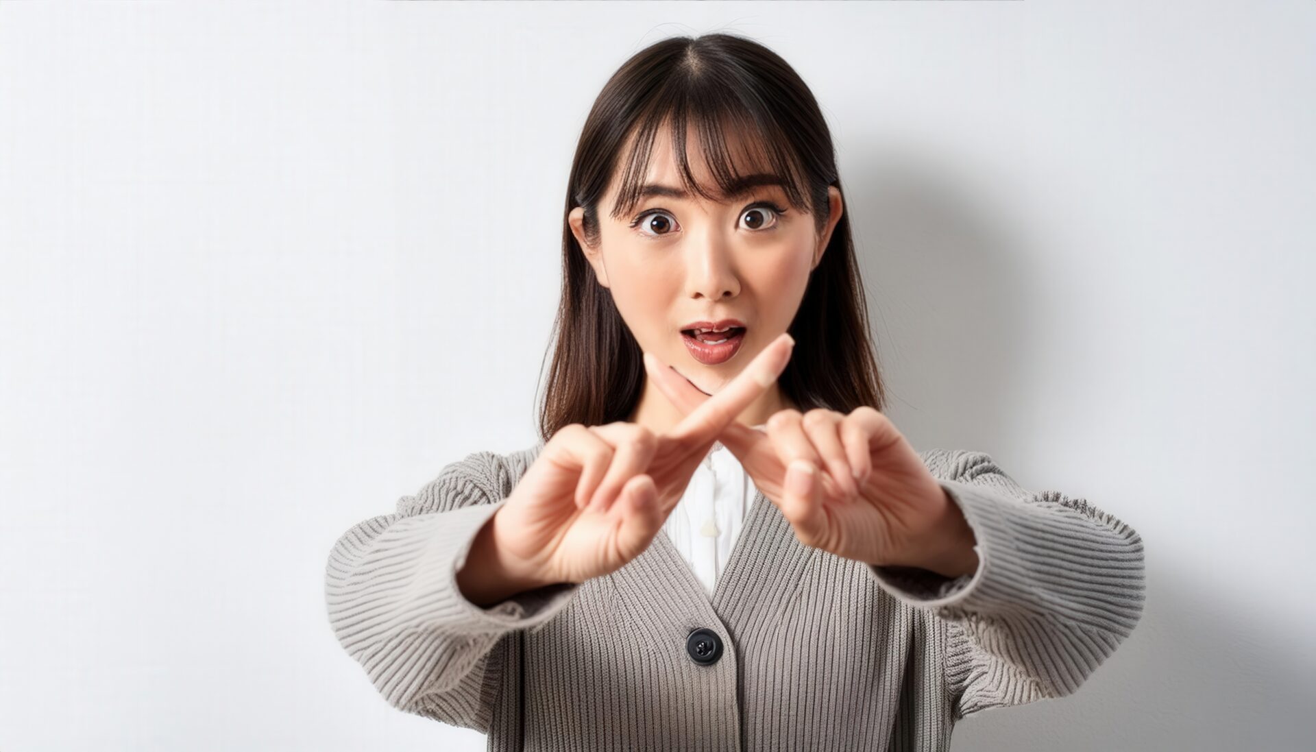 白背景で腕をクロスしてNGサインを示す人