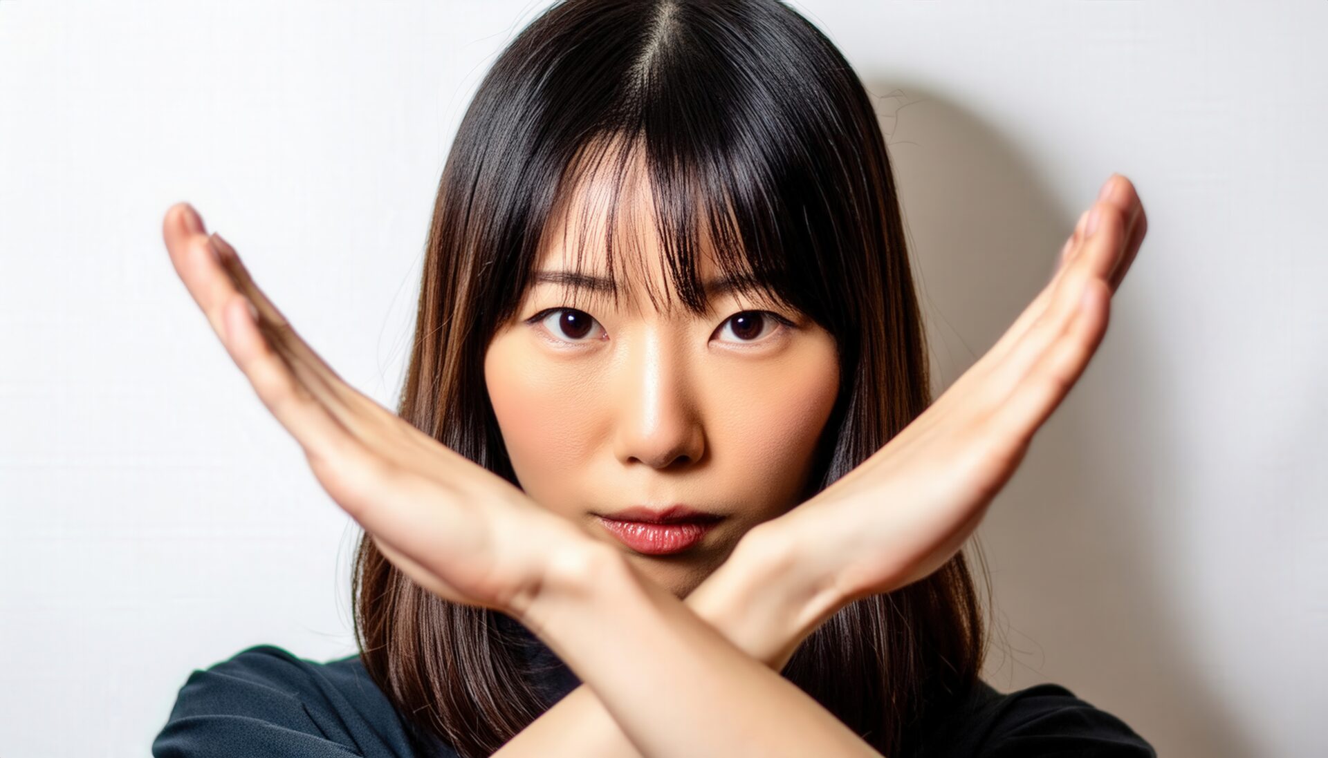 白背景で腕を交差させて拒否を示す若い女性
