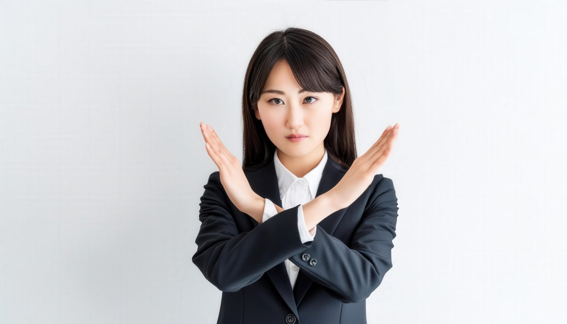 白背景でバツ印を作るスーツ姿の女性