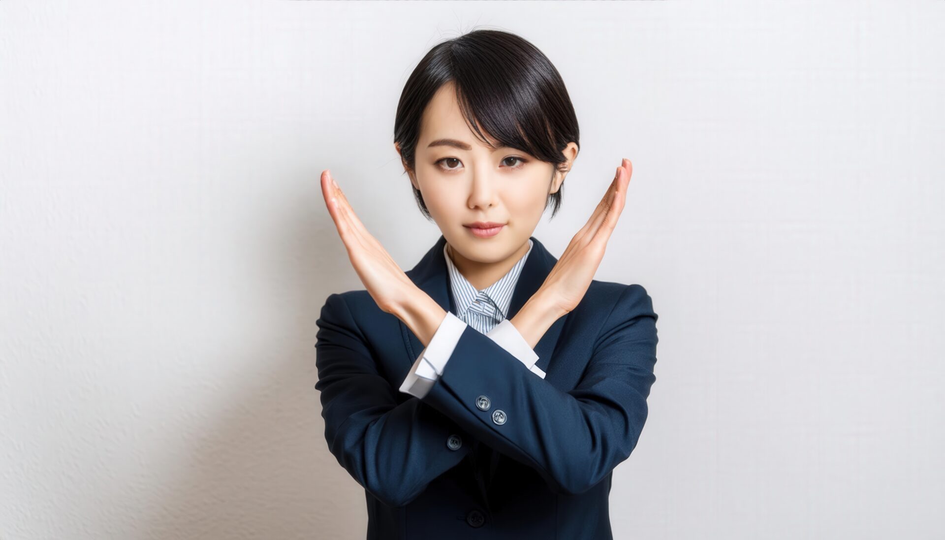 白背景で腕をクロスしてNGを伝えるスーツの女性