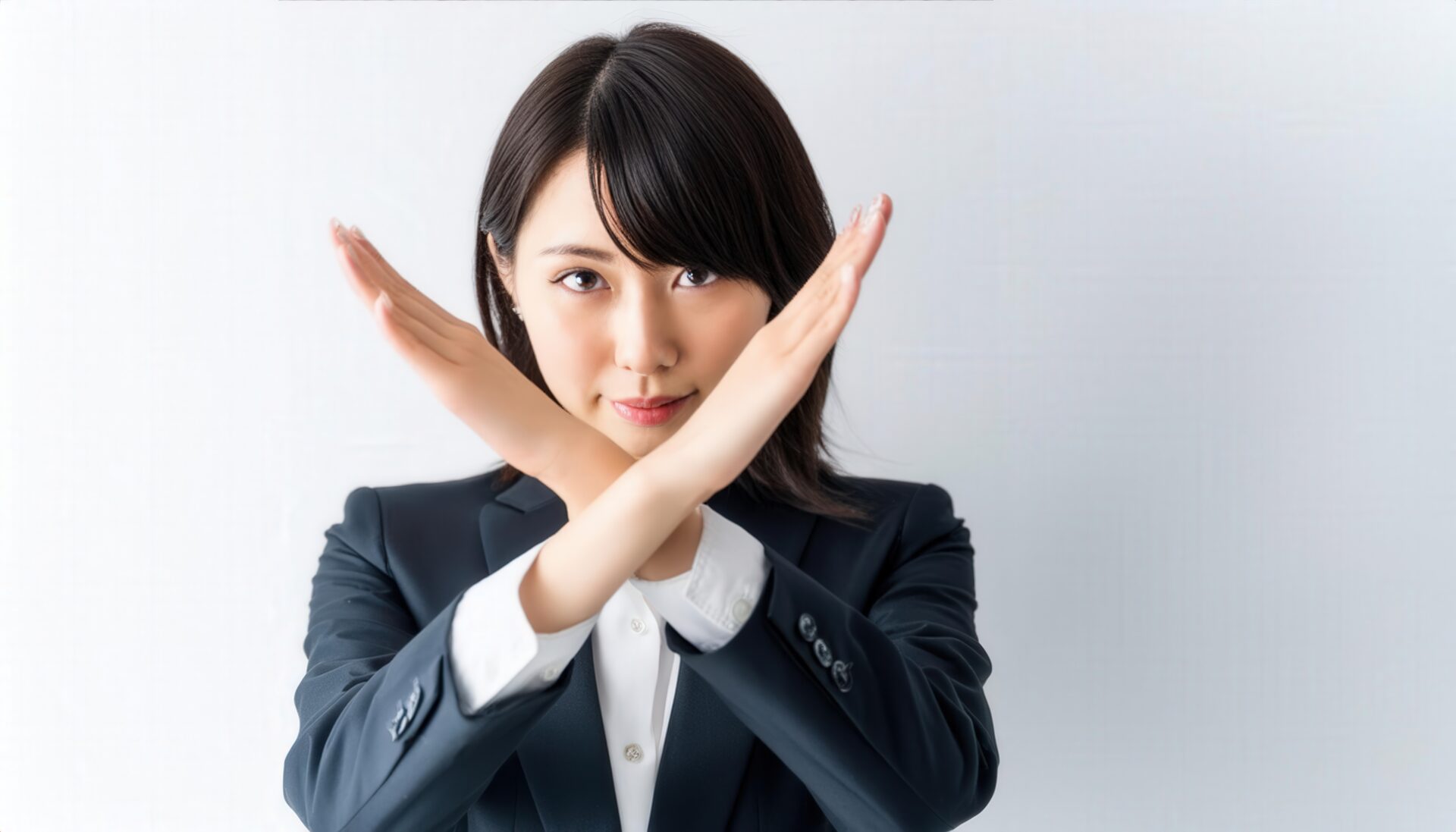 白背景でクロスサインをするビジネスパーソン