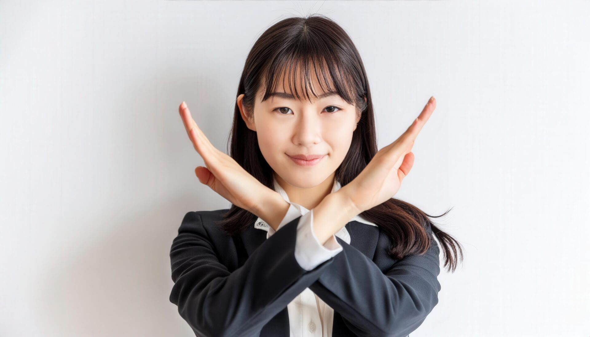 白背景でスーツ姿で腕をクロスしてNGサインを示す人