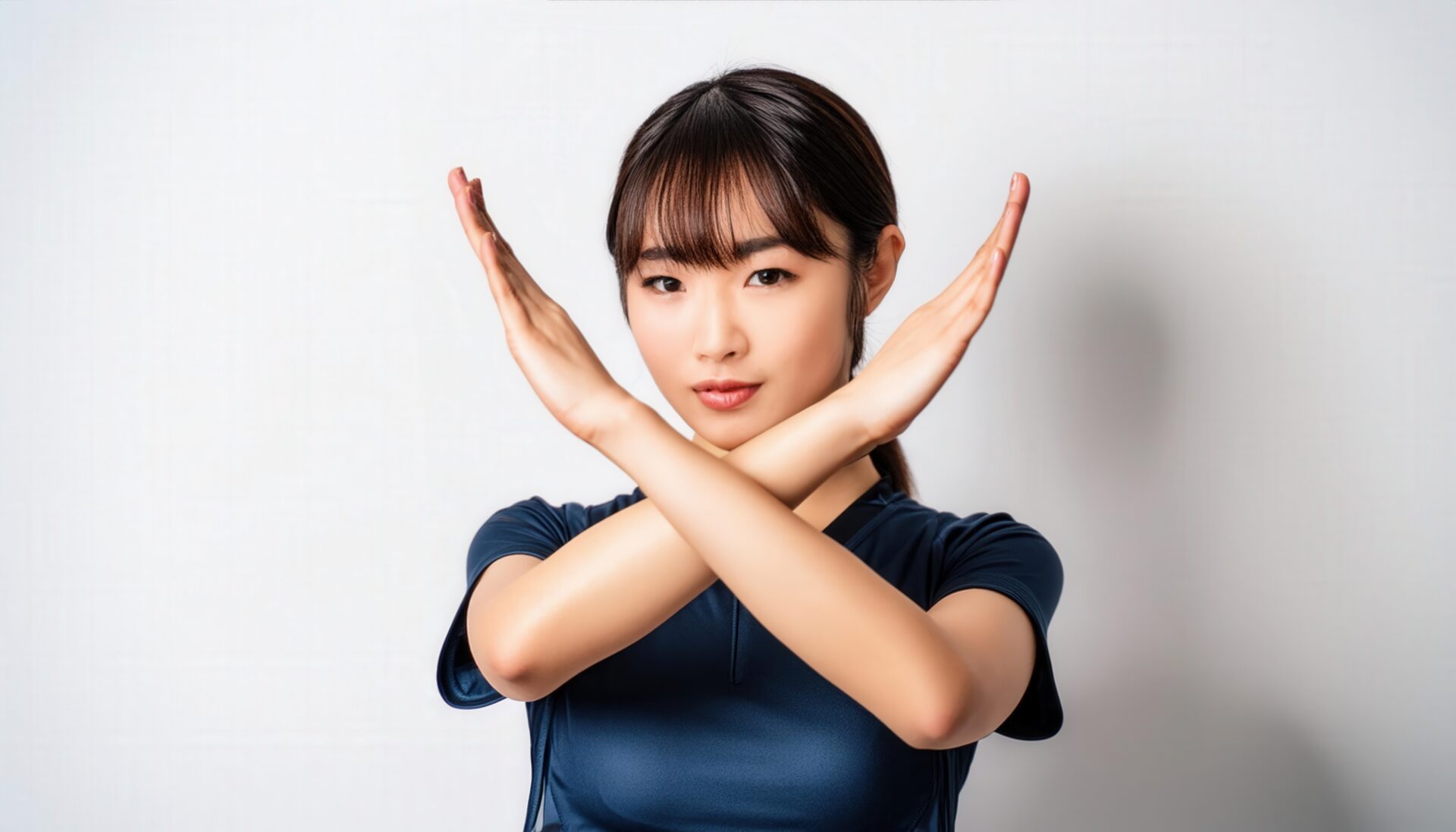 白背景で腕をクロスしてNGサインを示すスポーツウェアの人