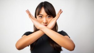 白背景で腕をクロスしてNGサインを示す黒い服の人