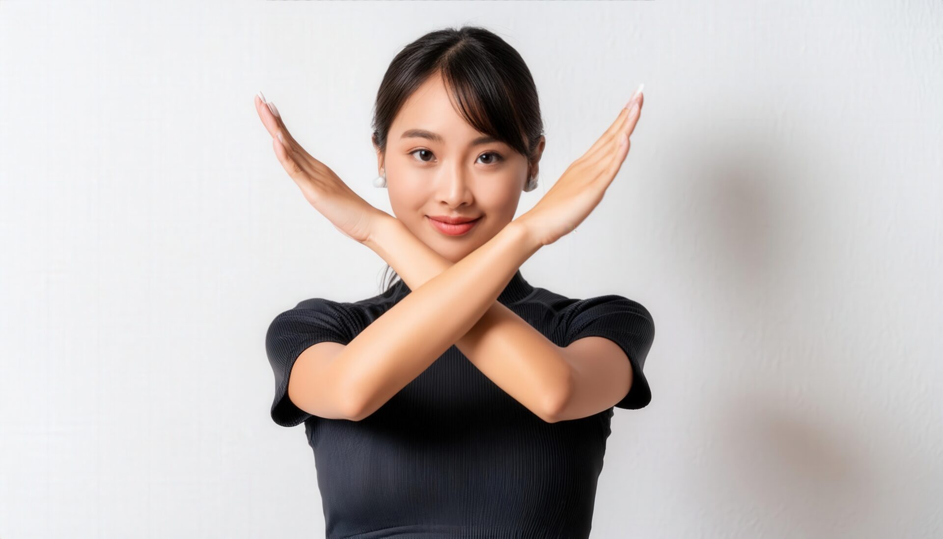 白背景で黒いトップスで腕をクロスしてNGサインを示す人