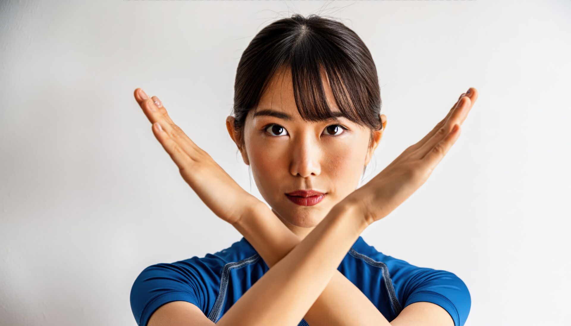 白背景で青いスポーツウェア姿で腕をクロスしてNGサインを示す人