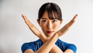 白背景で青いスポーツウェア姿で腕をクロスしてNGサインを示す人