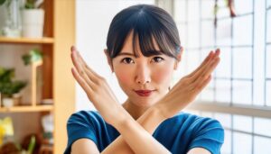 室内で腕をクロスしてNGサインを示す青い服の人