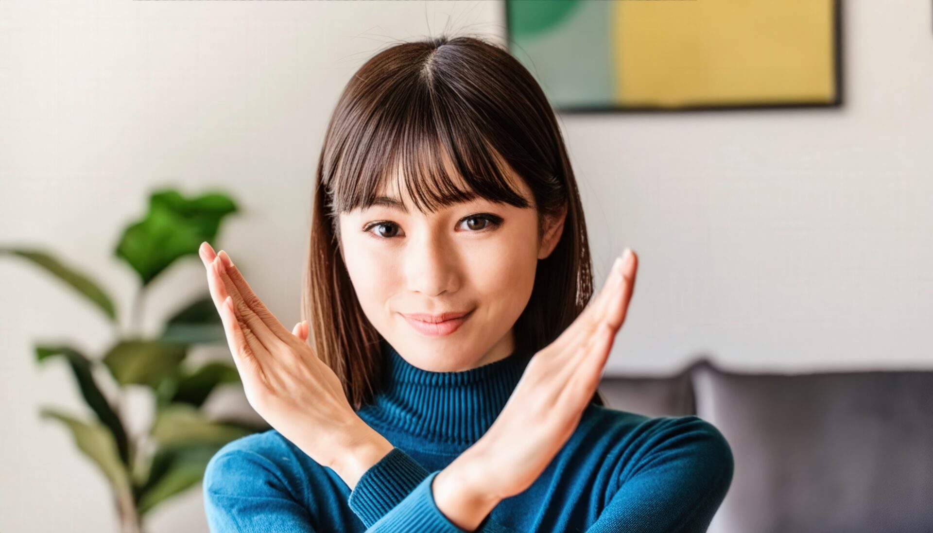 室内で青いセーターを着て腕をクロスしてNGサインを示す人