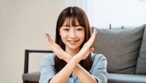 室内で淡いブルートップスを着て腕をクロスしてNGサインを示す人