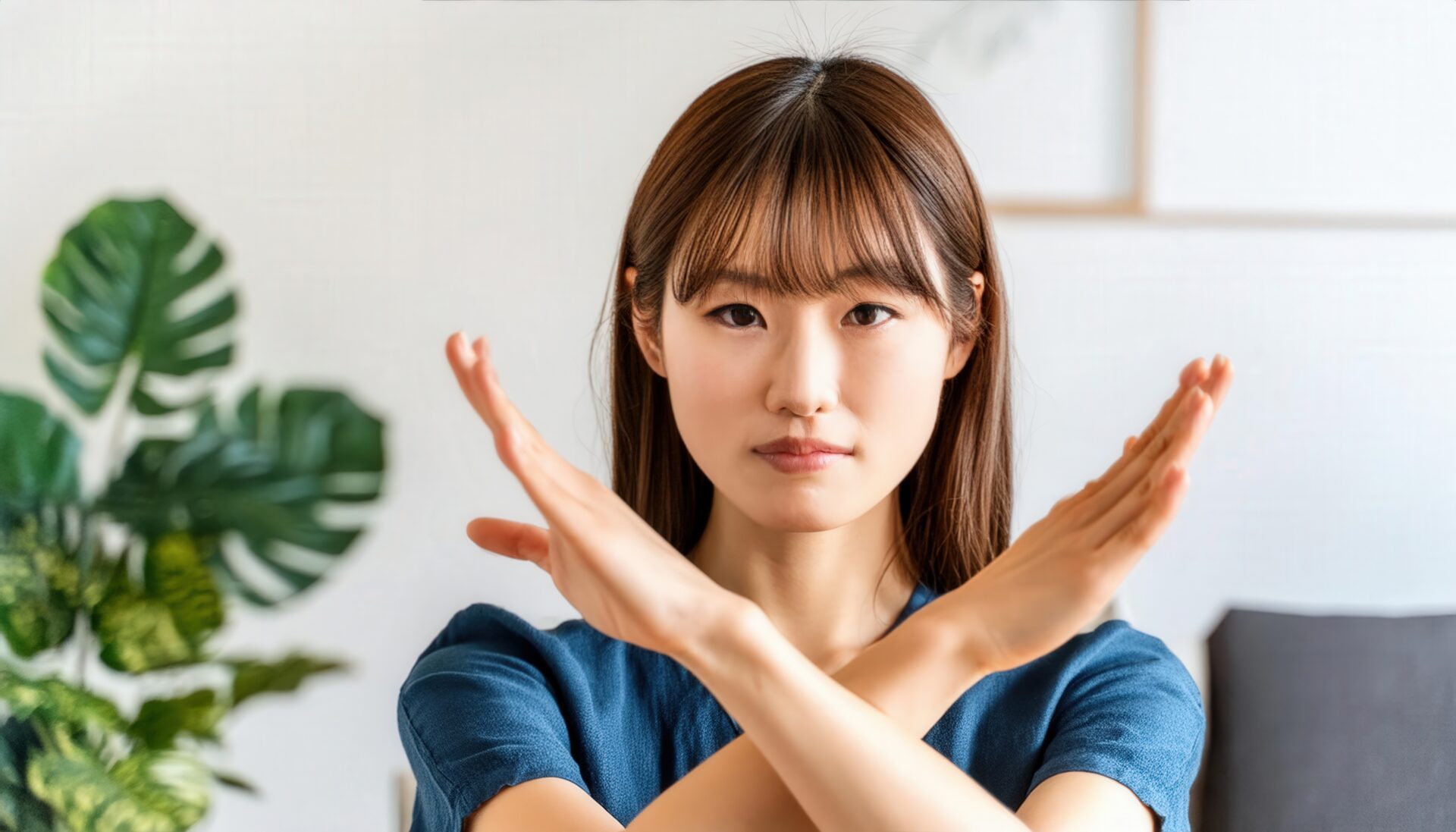 室内でネイビートップスを着て腕をクロスしてNGサインを示す人