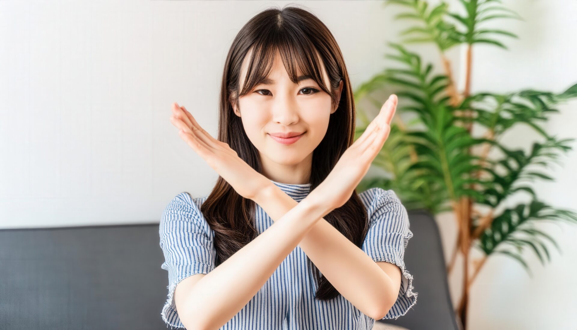 室内でストライプのトップスを着て腕をクロスしてNGサインを示す人