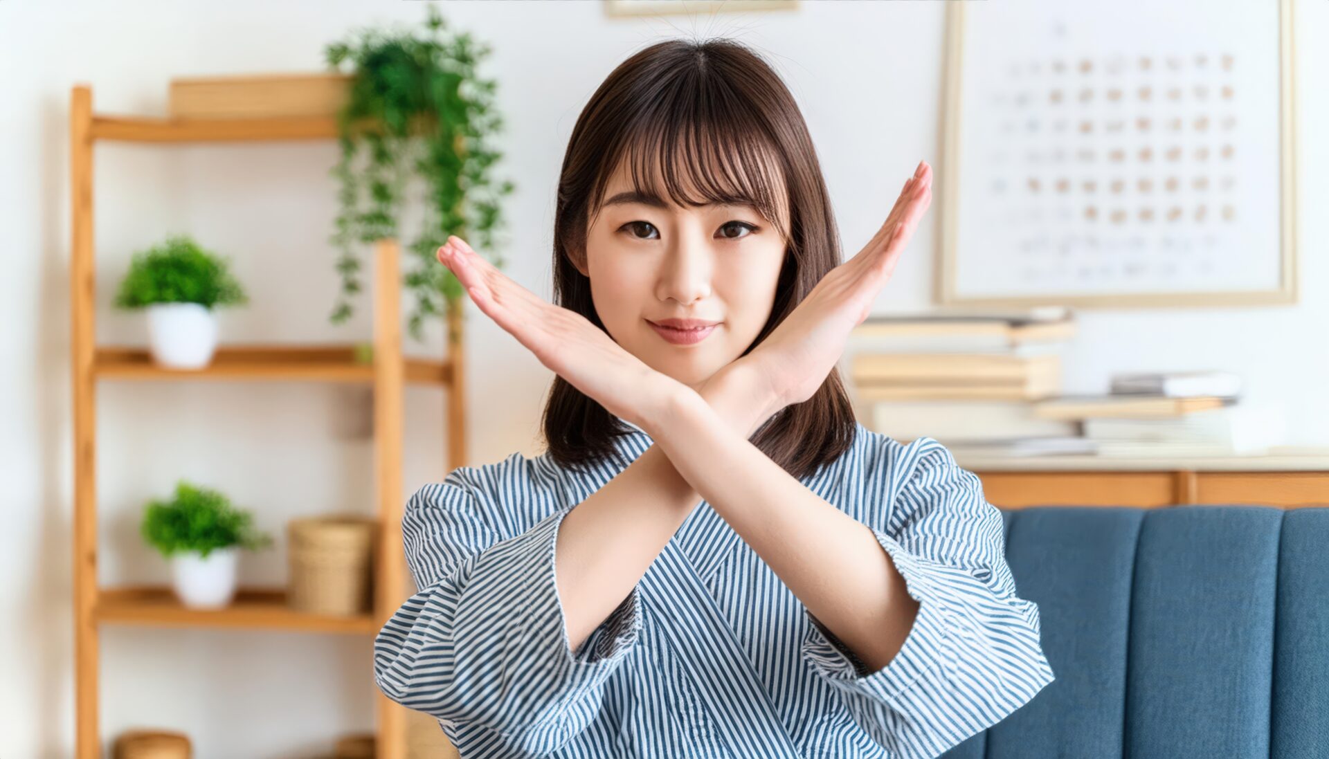 室内でストライプの服を着て腕をクロスしてNGサインを示す人