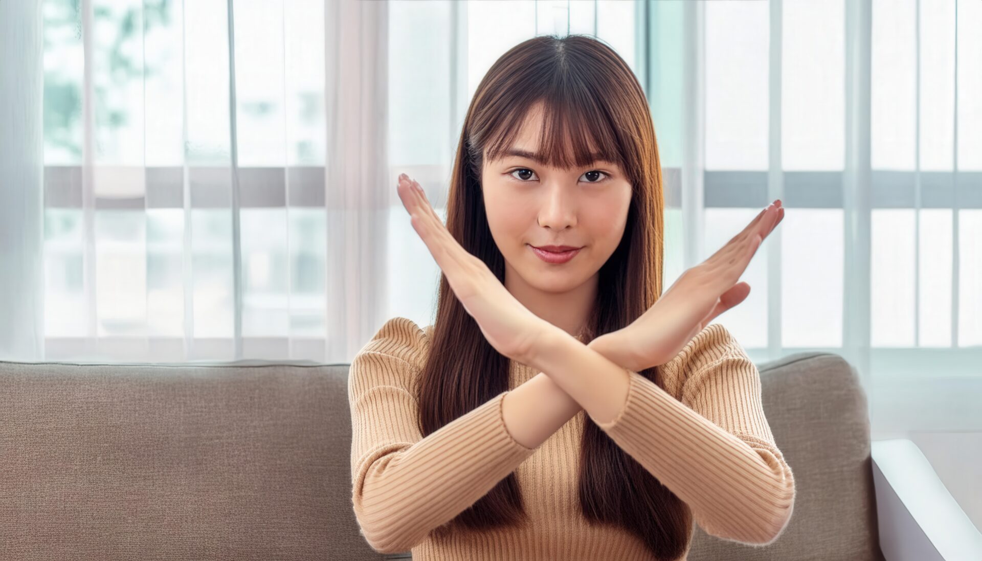 室内でベージュのトップスを着て腕をクロスしてNGサインを示す人