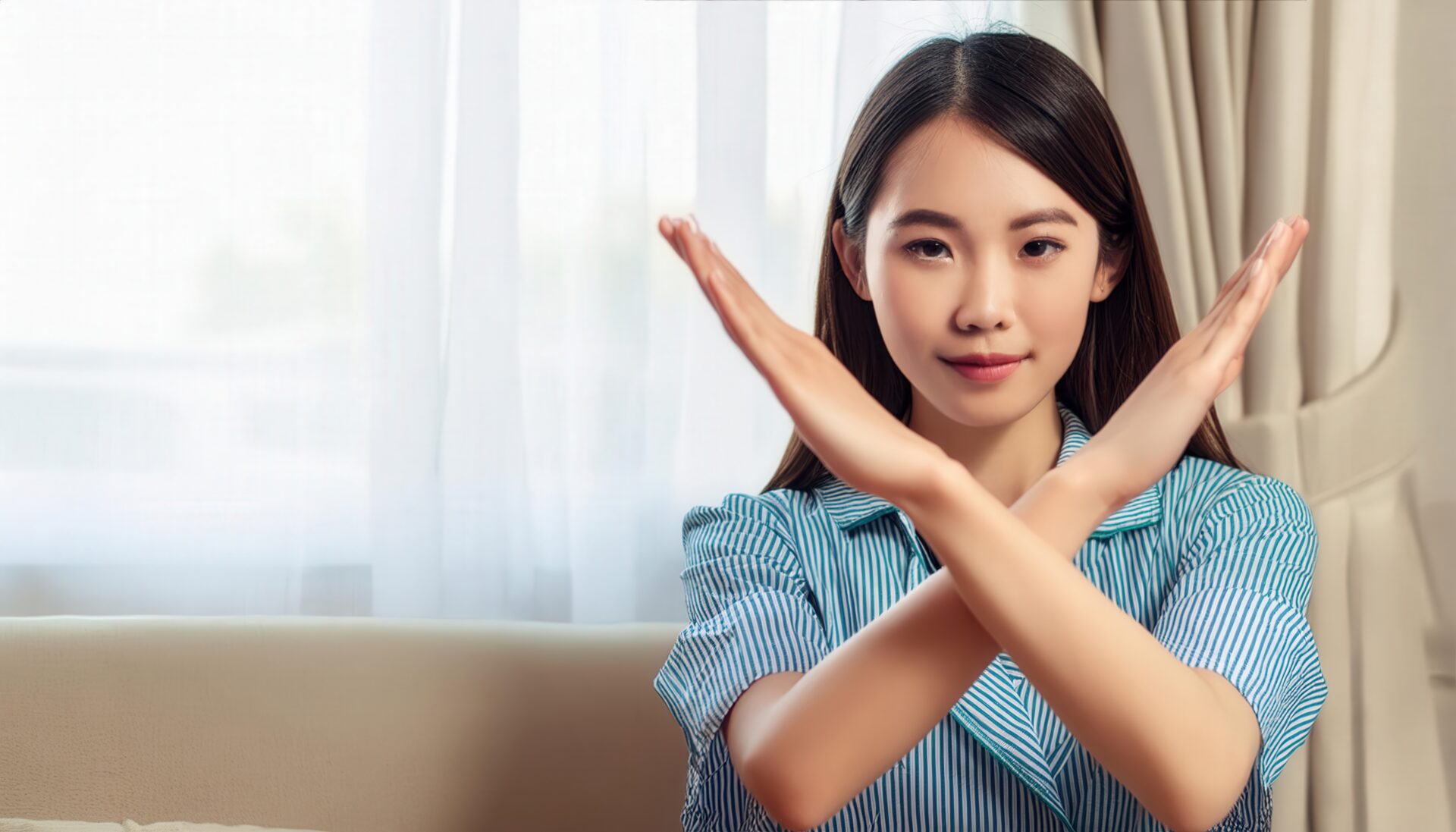 室内でストライプのシャツを着て腕をクロスしてNGサインを示す人