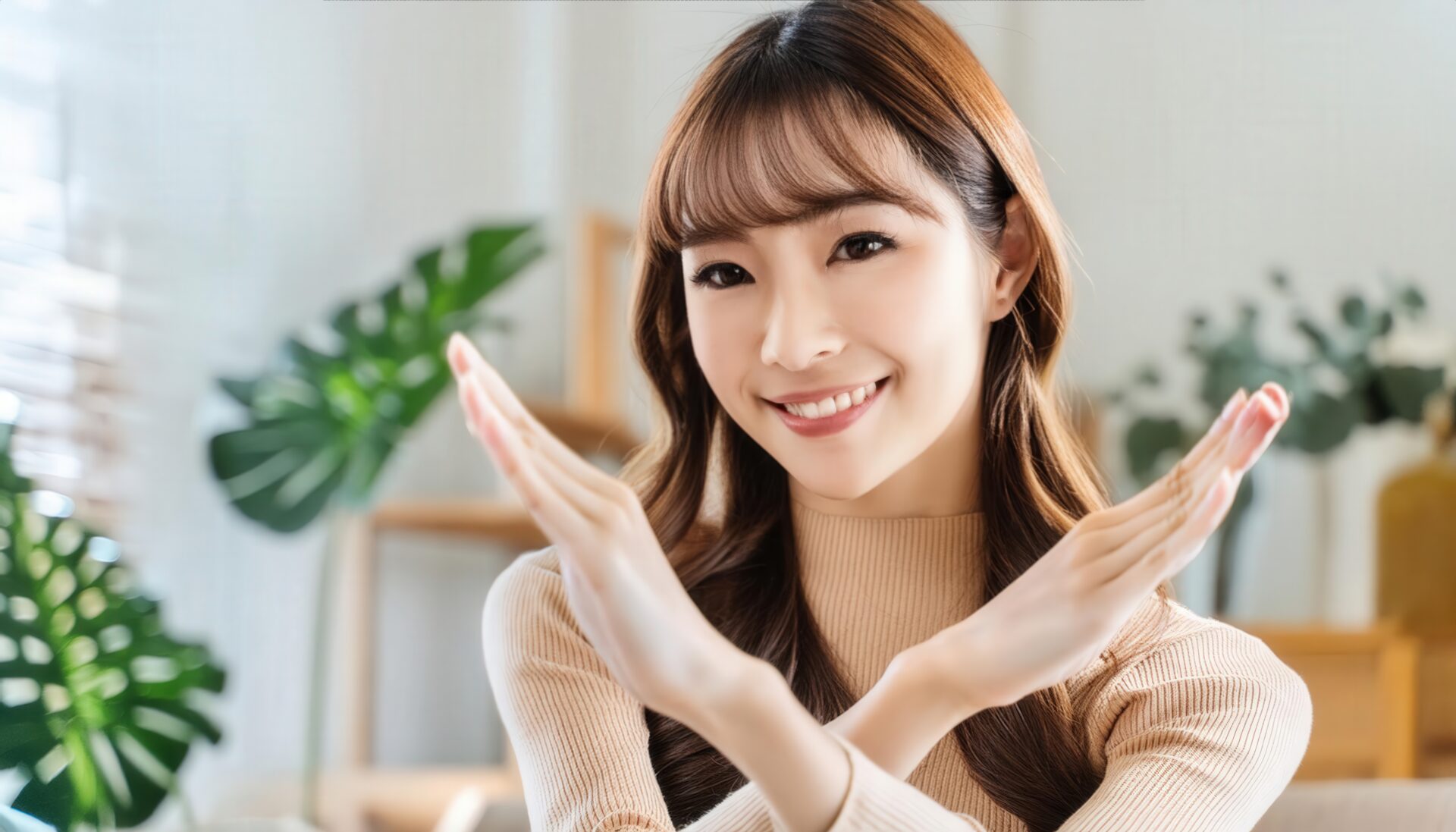 室内でベージュのトップスを着て腕をクロスしてNGサインを示す人